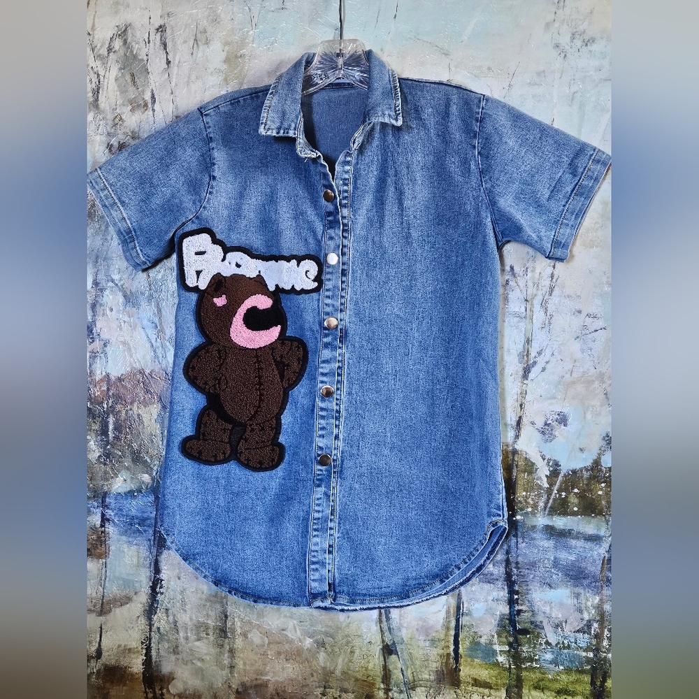 ZARA Short Sleeve  Stretchy Denim Button-Down Shirt with Teddy Bear Applique-S